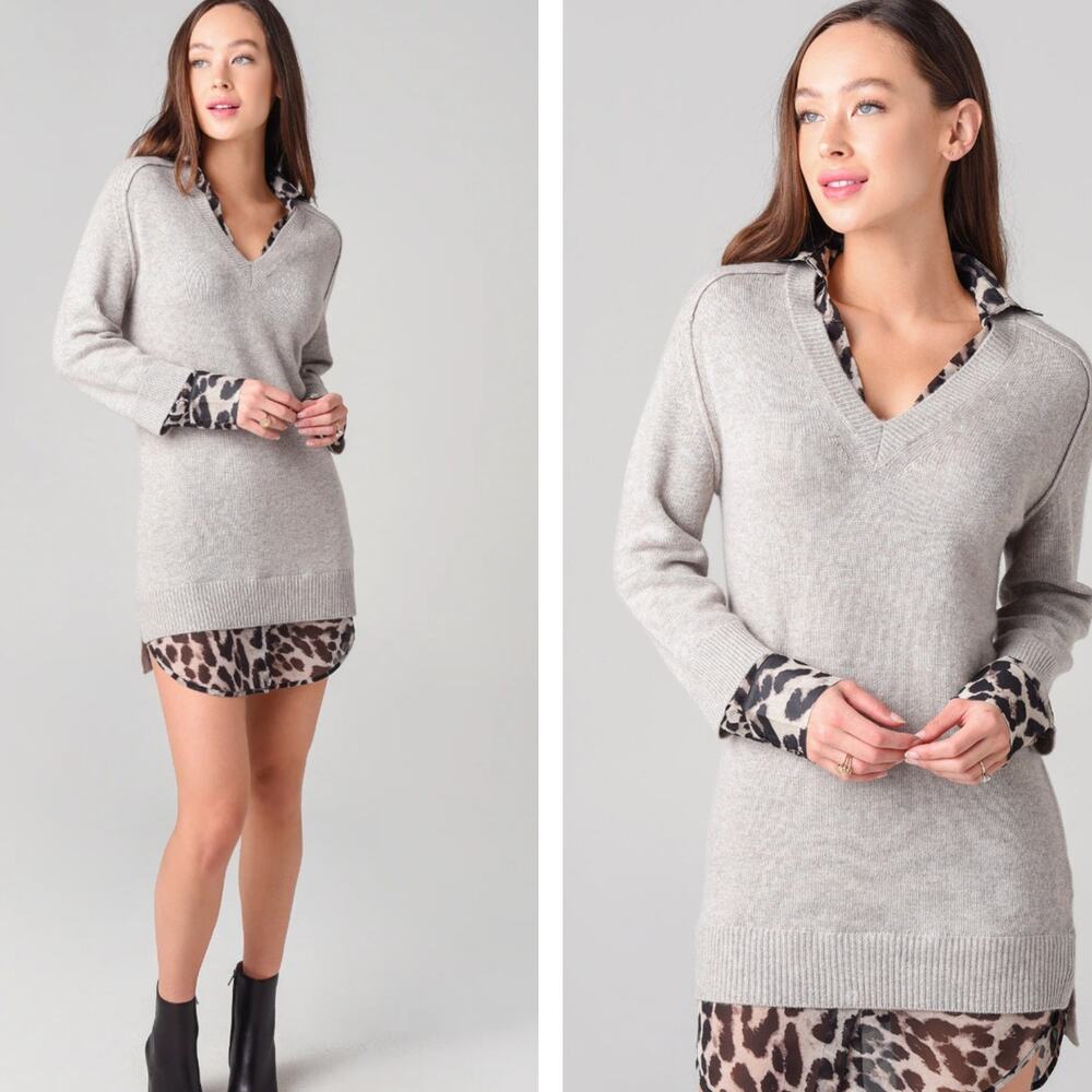 BROCHU WALKER Printed Layered Looker Dress Gray Leopard Wool Cashmere Sz M {R29}
